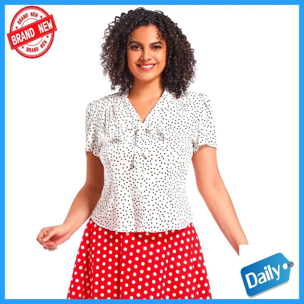Viscose Short Sleeve Button Down Blouse with Front Bow Tie Retro Design